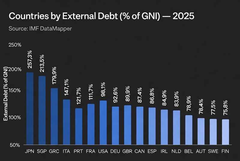  Countries by External Debt (% of GNI) — 2025