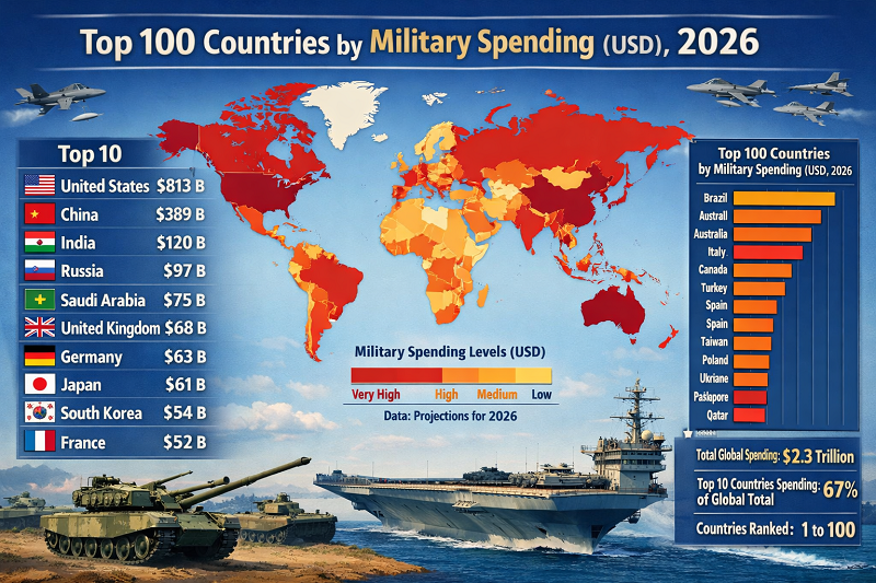  Top 100 Countries by Military Spending (USD), 2026