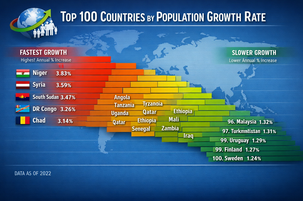Top 100 Countries by Population Growth Rate, 2025