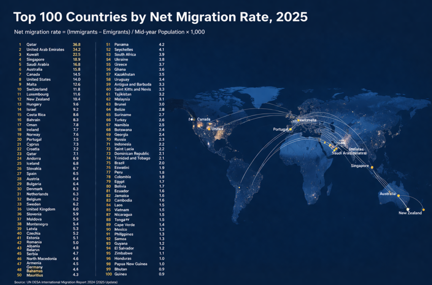  Top 100 Countries by Net Migration Rate, 2025