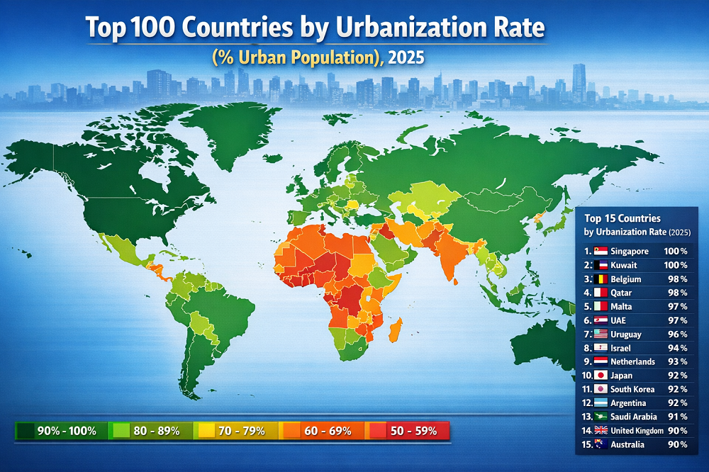 Top 100 Countries by Urbanization Rate (% Urban Population), 2025