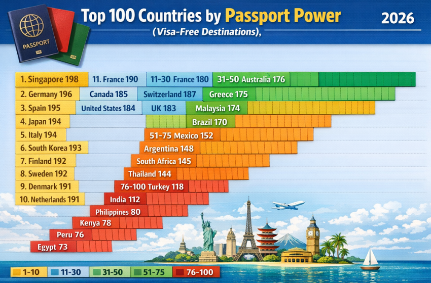  Top 100 Countries by Passport Power (Visa-Free Destinations), 2026