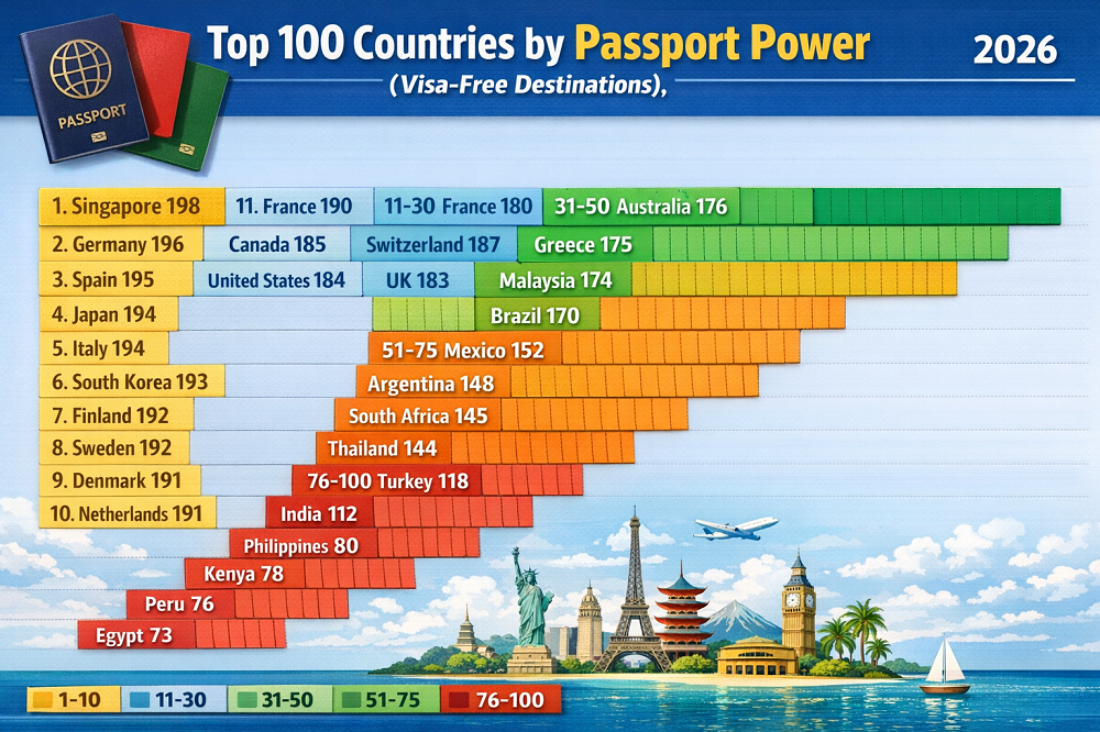 Top 100 Countries by Passport Power (Visa-Free Destinations), 2026