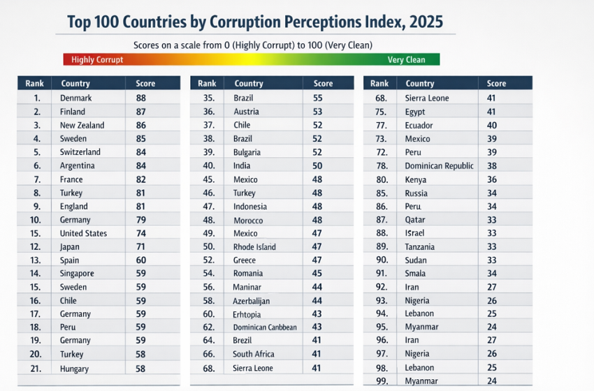  Top 100 Countries by Corruption Perceptions Index, 2025