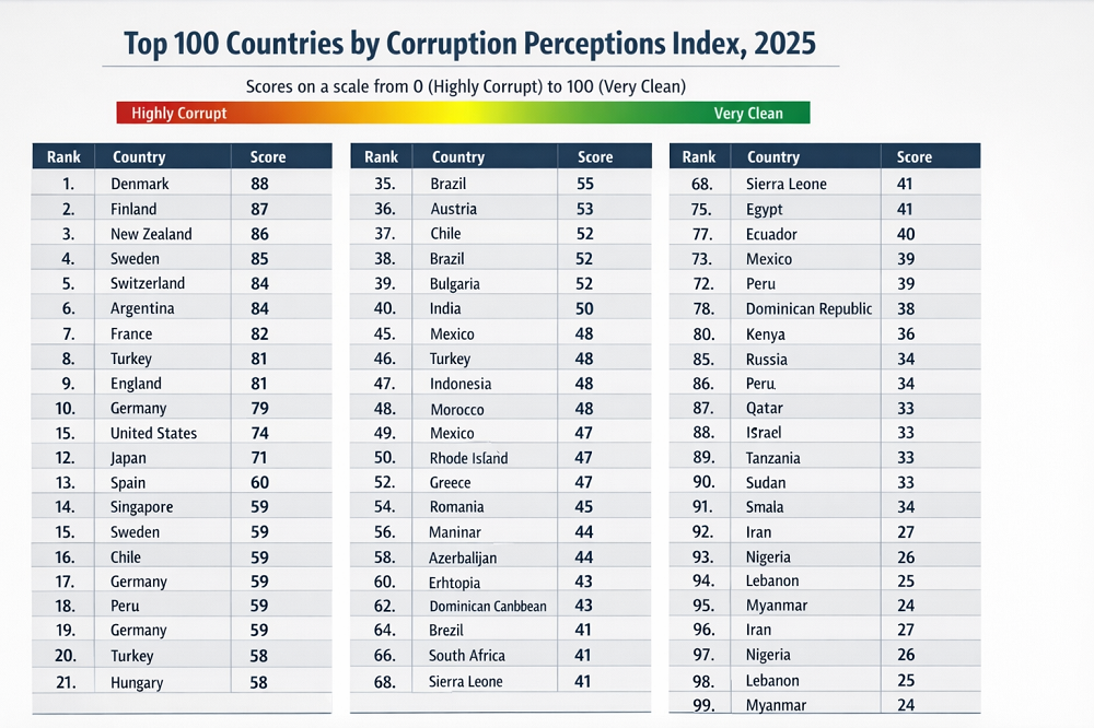 Top 100 Countries by Corruption Perceptions Index, 2025