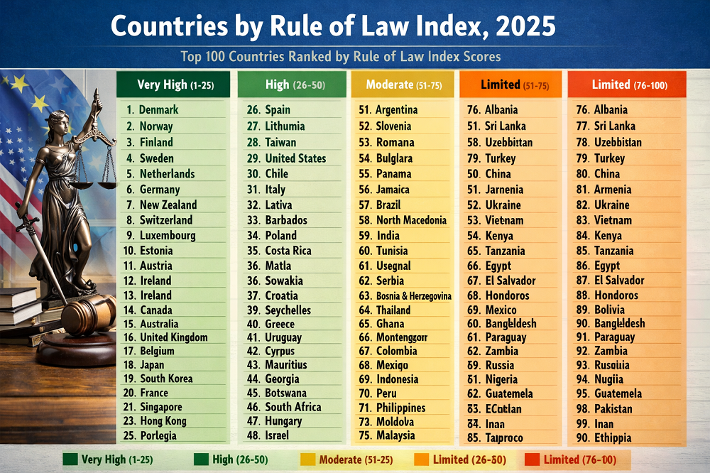 Top 100 Countries by Rule of Law Index, 2025