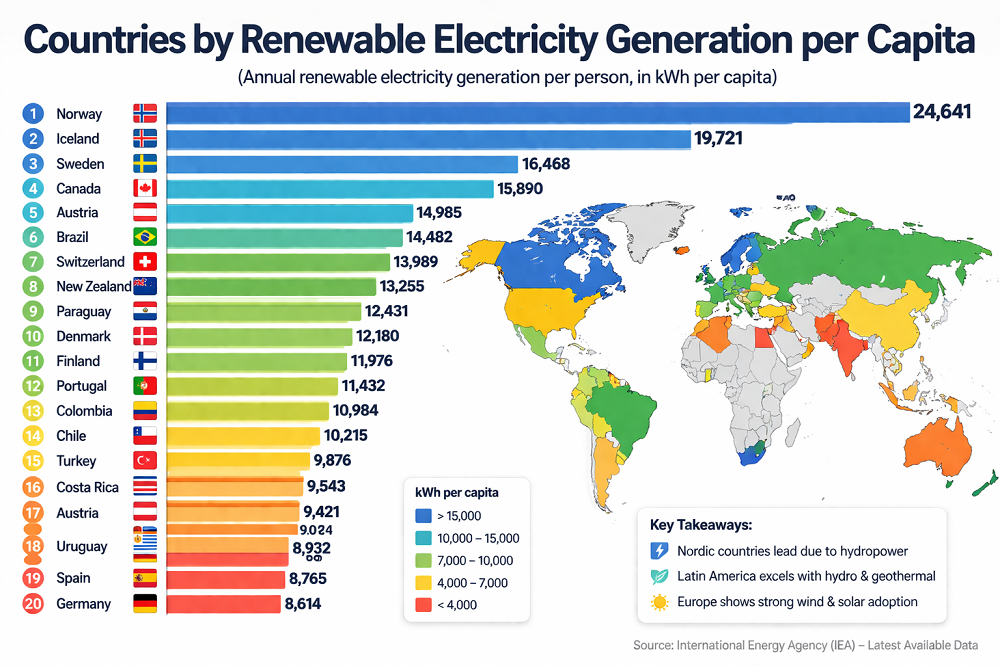 Countries by Renewable Electricity Generation per Capita, 2025