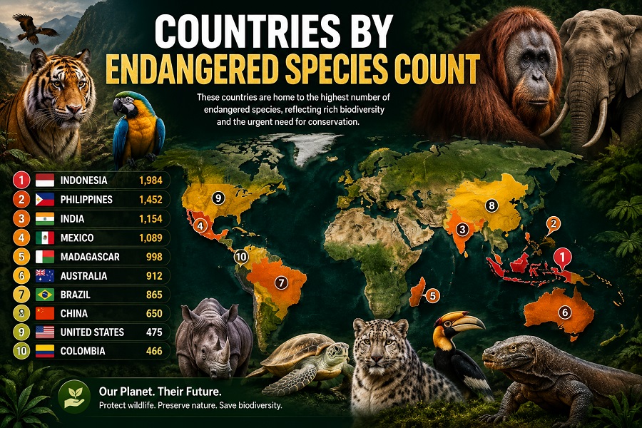 Top 100 Countries by Endangered Species Count, 2026